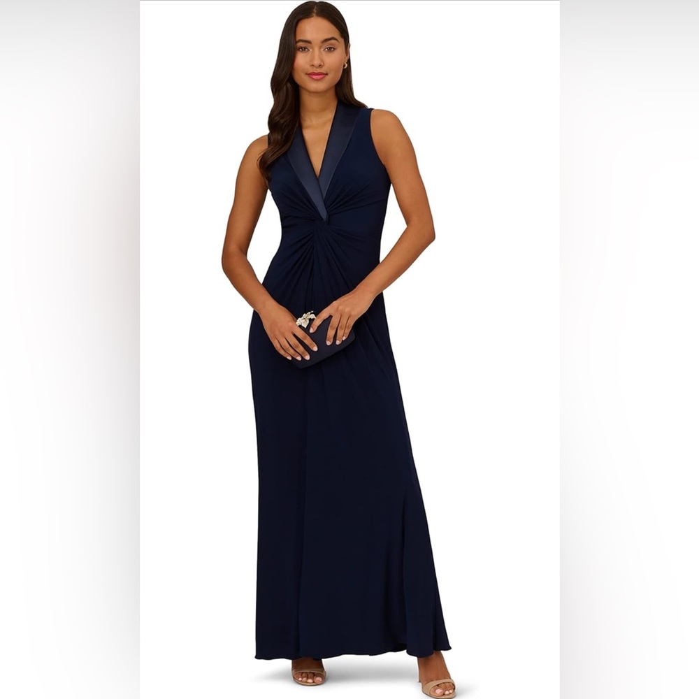 NWT Adrianna Papell Matte Jersey Twist Front Tuxedo Gown In Midnight Blue Sz 10